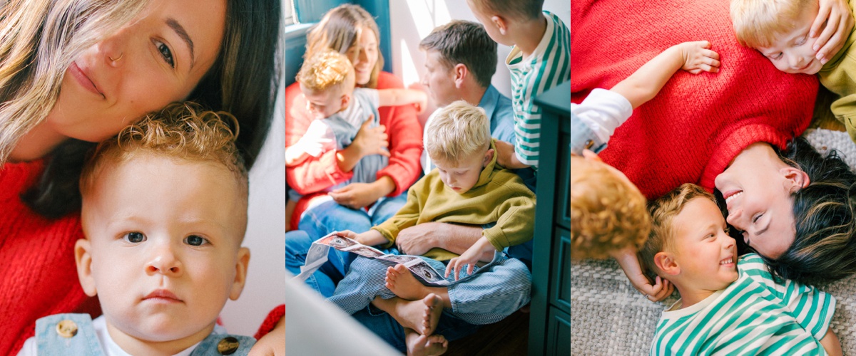 in-home family session with colorful outfits