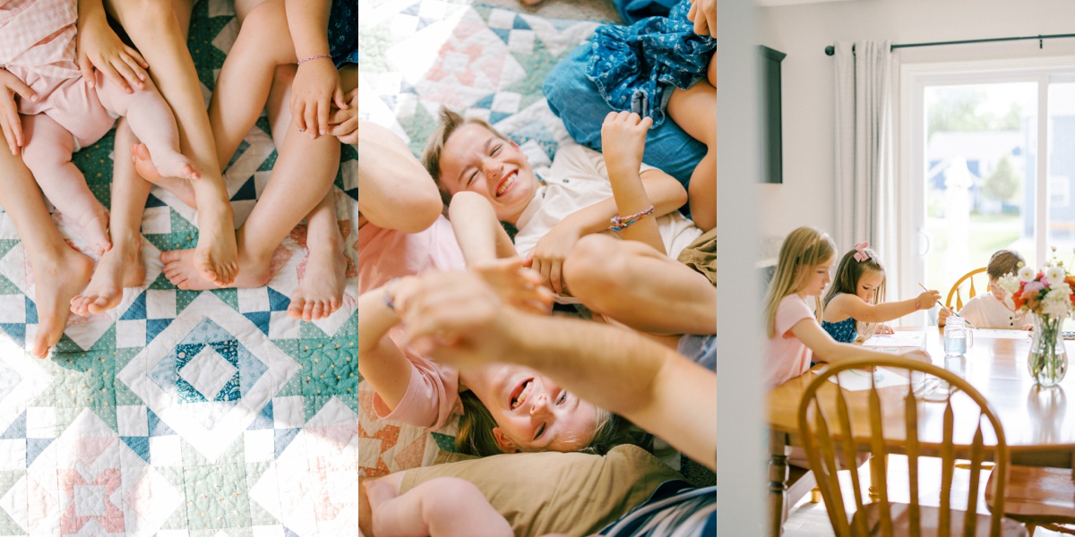 in-home session with family of six using a quilt made by grandma and painting while eating popcorn