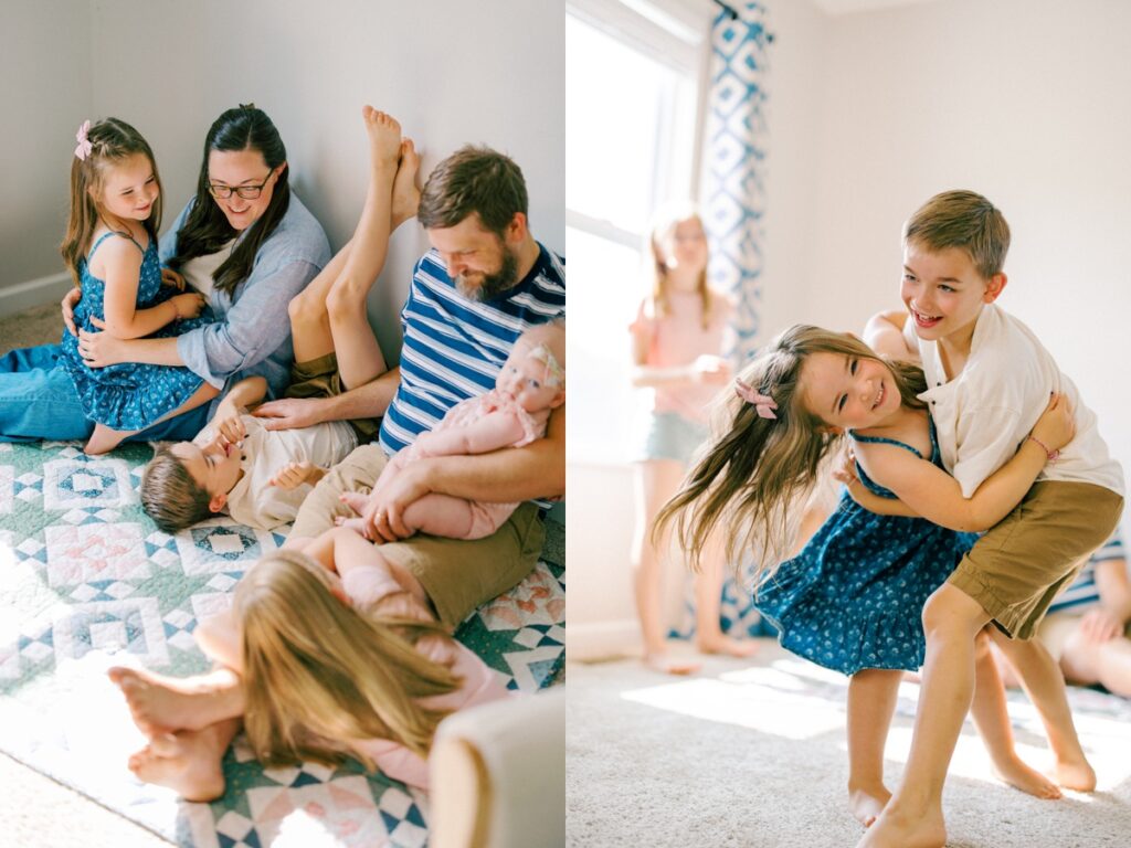 an in-home session with 6 people all sitting on a quilt grandma made together