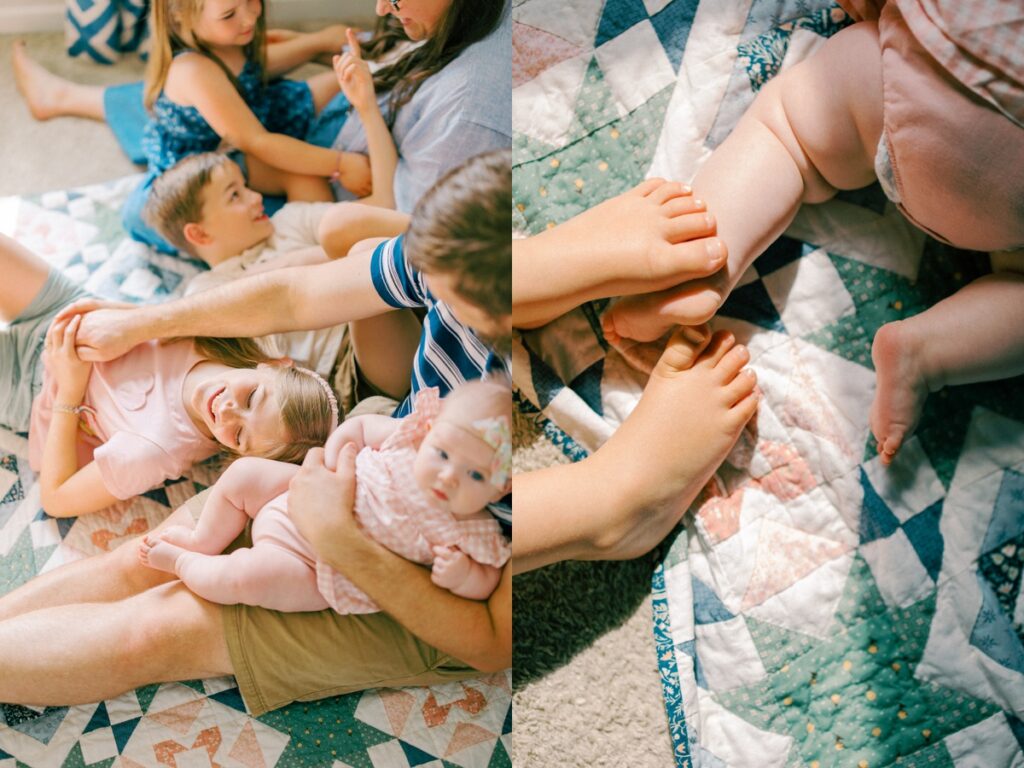 family photos taken in home with a family of 6 on grandma's quilt