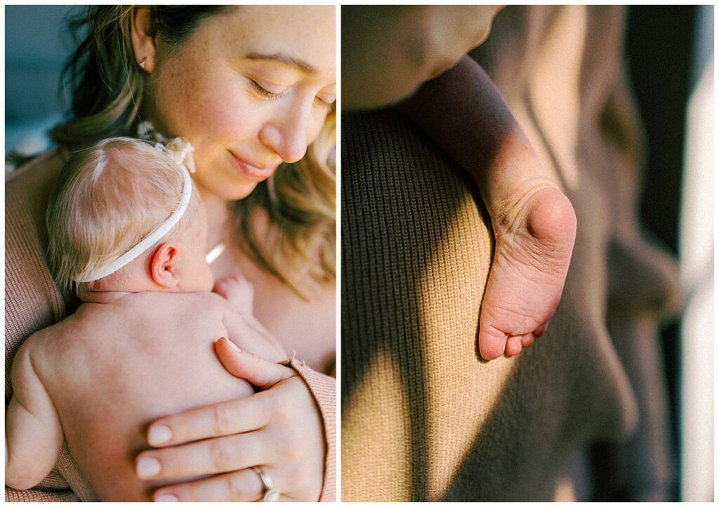 a newborn baby's foot as shadows from the window shine light onto her foot