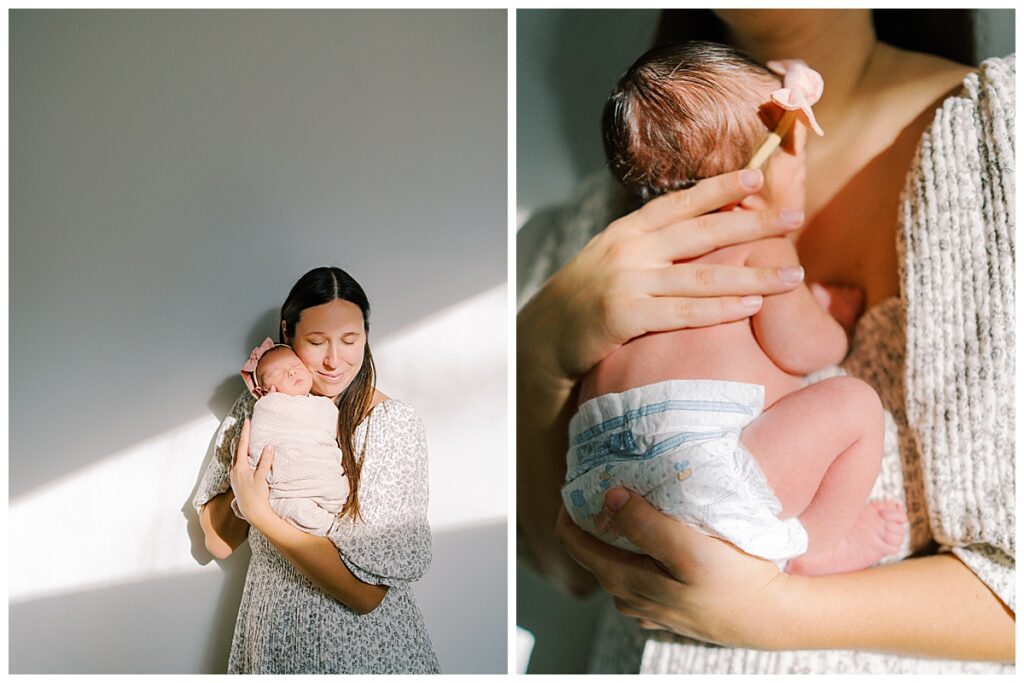 a mama holds her new baby girl while sunshine pours onto the mother's face