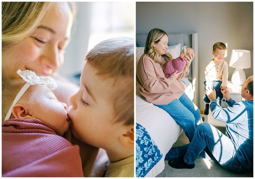 a new family of 4 celebrates the arrival of their new baby