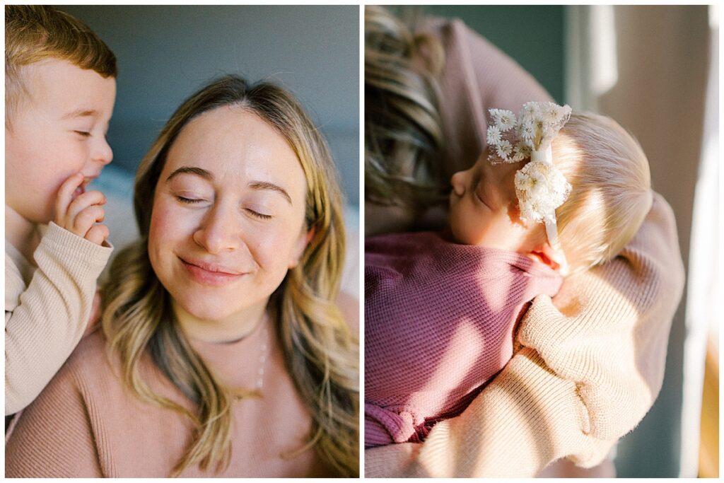 mother holds new baby girl in a sun soaked bedroom