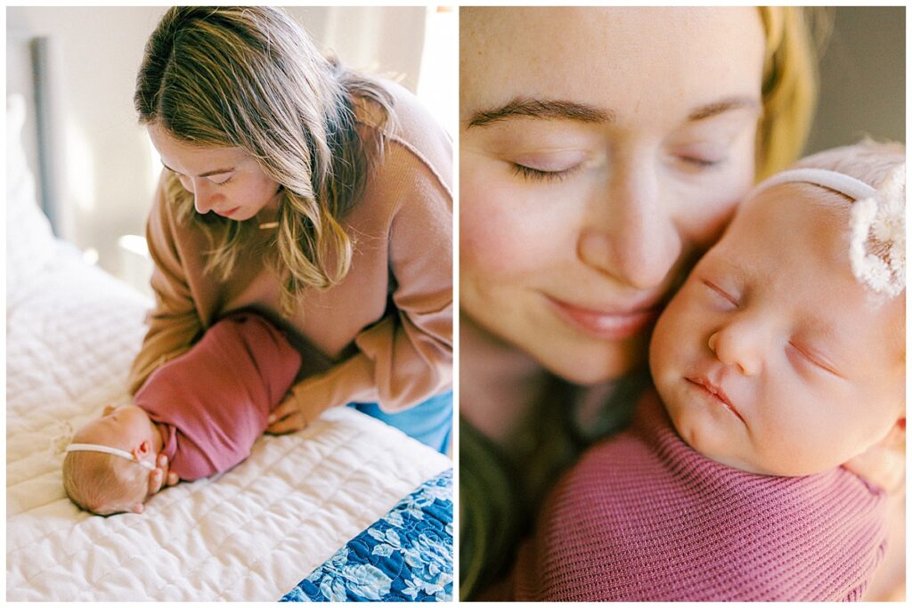 mother swaddles up her new baby and lifts her up into her arms as she kisses her baby