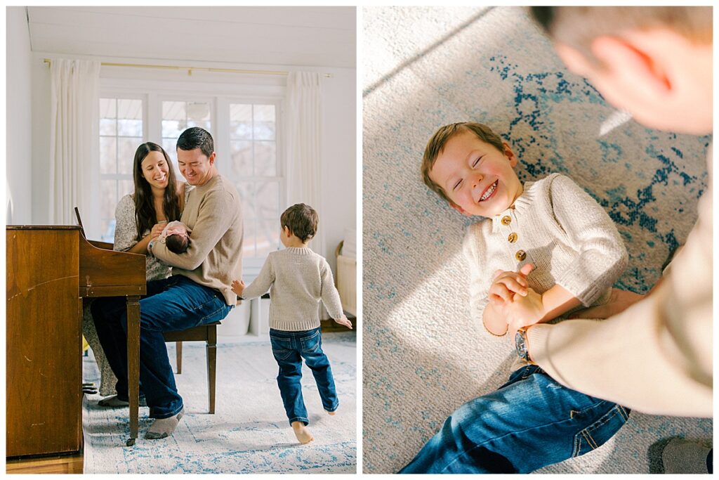 father tickles son on the playroom floor as sunshine fills the room