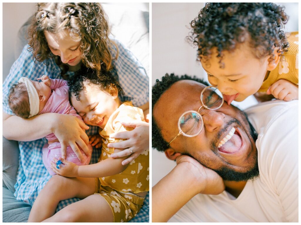 In home newborn session with a toddler while parents cuddle their girls on the couch