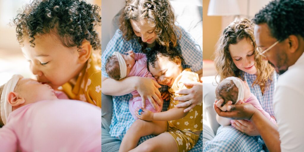 In home newborn session with a toddler while parents cuddle their girls on the couch