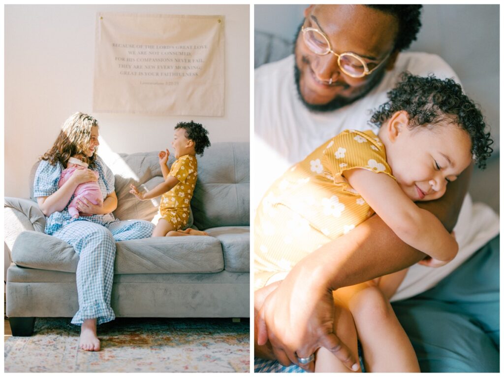 In home newborn session with a toddler while parents cuddle their girls on the couch