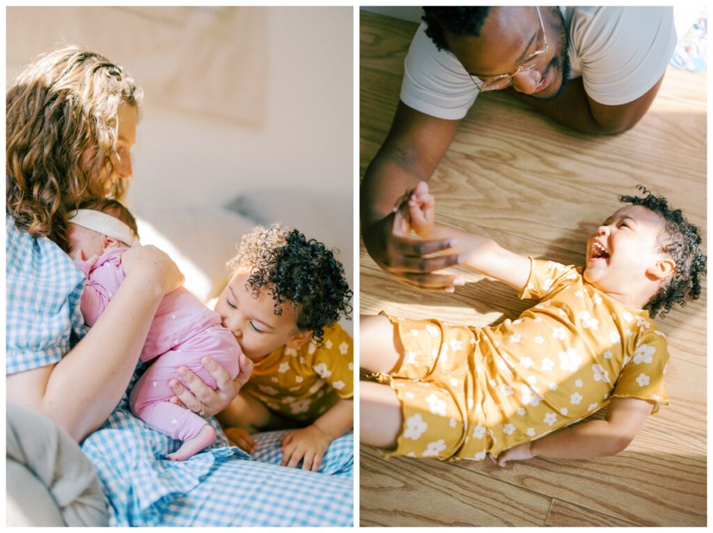 In home newborn session with a toddler while parents cuddle their girls on the couch