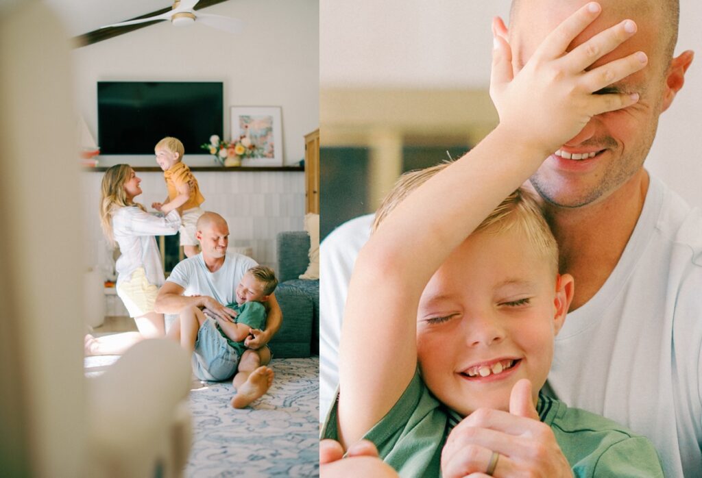 Indoor family session with kids playing in their living room with their parents