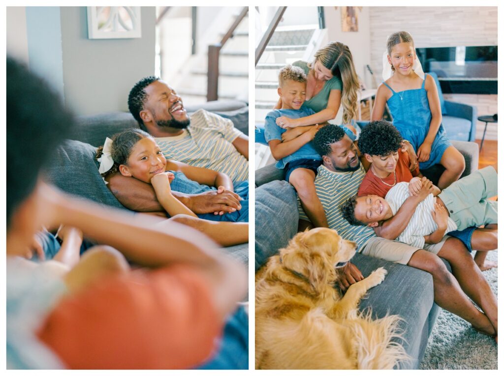 relaxed in-home family session with young kids and teenagers