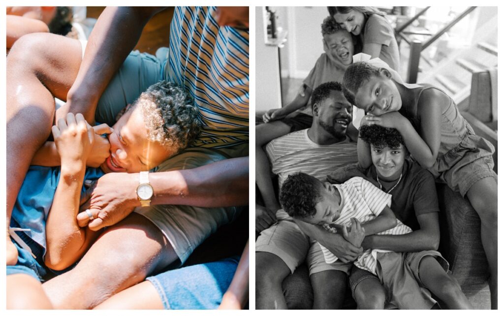 relaxed in-home family session with young kids and teenagers