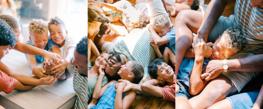 family with young kids and teenagers in their living room together