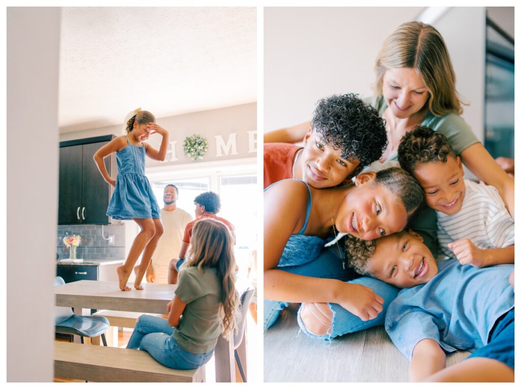 relaxed in-home family session with young kids and teenagers