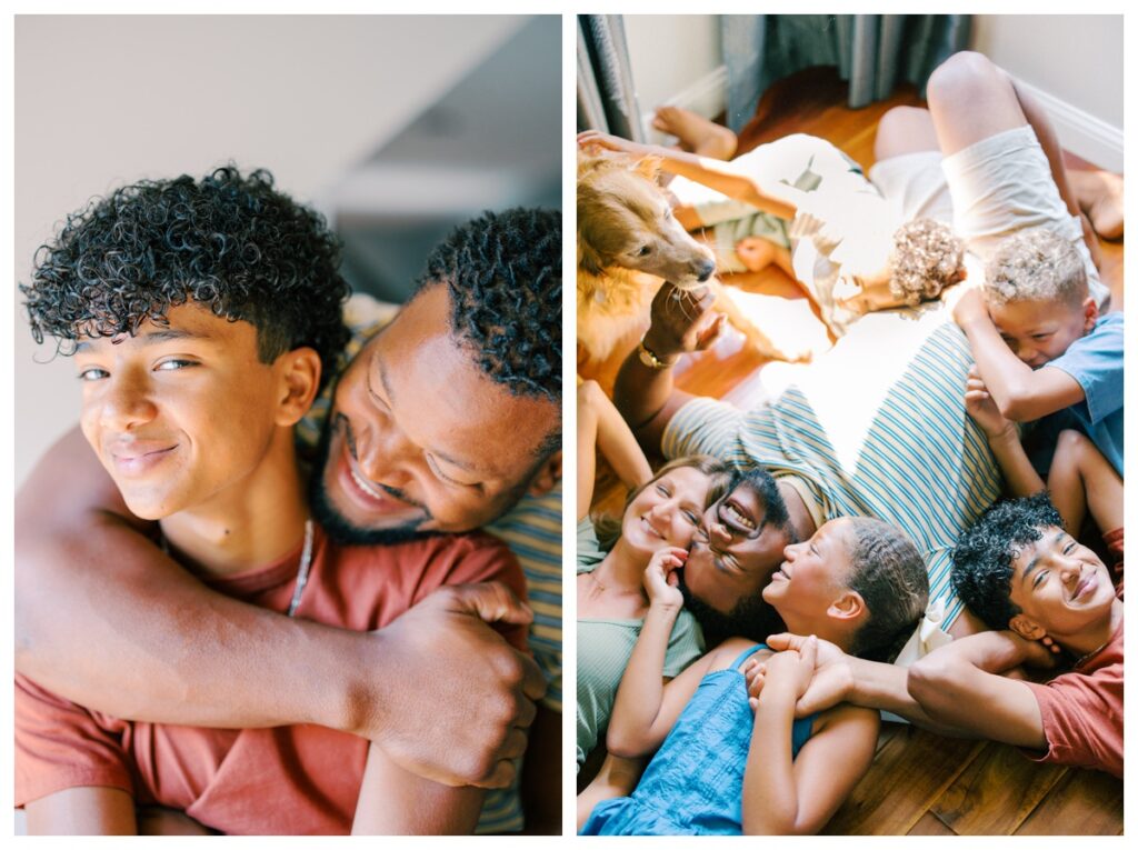 relaxed in-home family session with young kids and teenagers